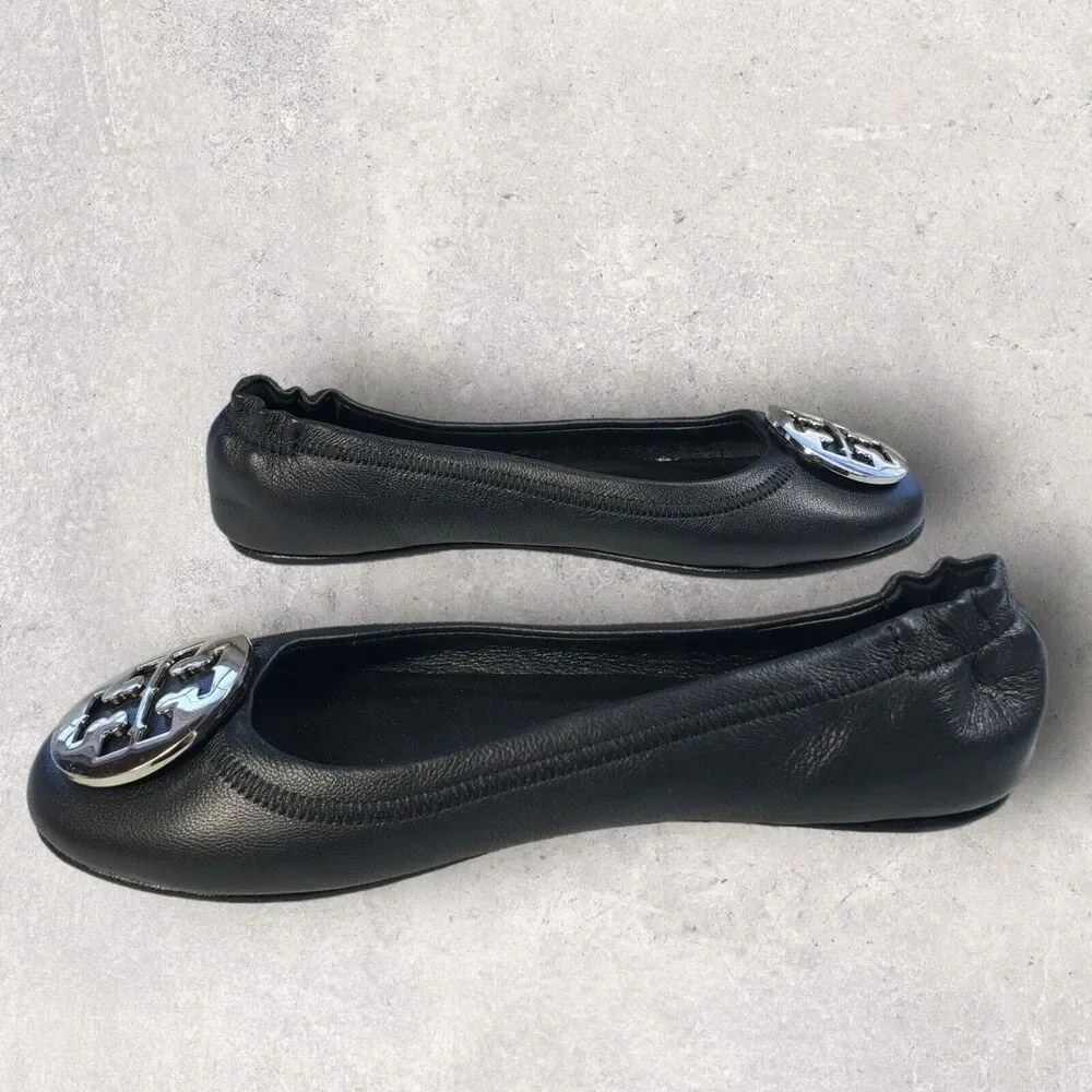 Tory Burch Womens Black Leather Shoes Size 5 Logo Minnie Travel Ballet Flats